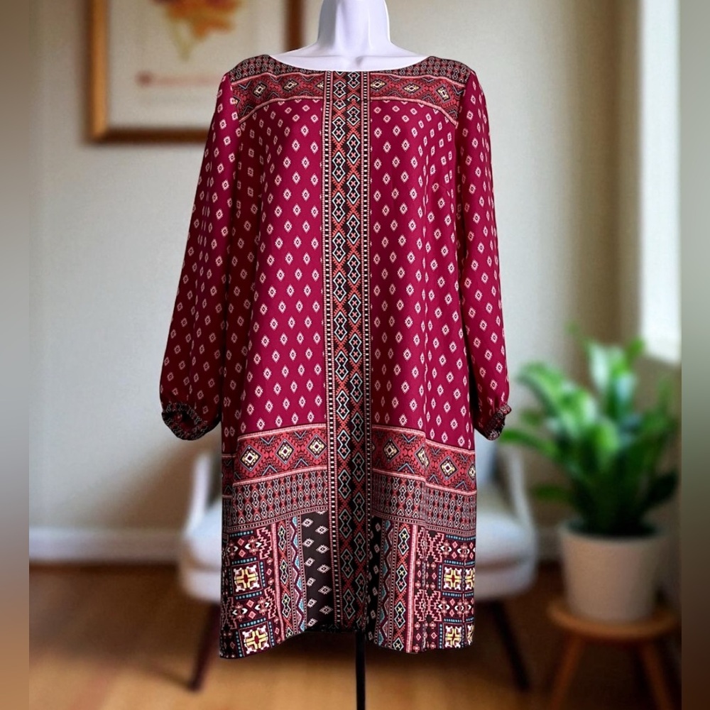 Loft diamond mozaic shift dress size S. Dark pink. Aztec Geometric Print. Boho. - Picture 1 of 10